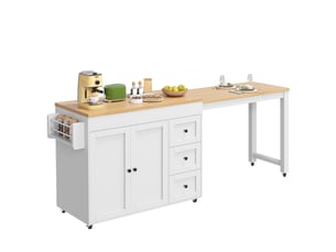 Desserte de cuisine extensible avec 3 tiroirs, 2 portes, étagères latérales et roulettes, blanche mobile en mdf