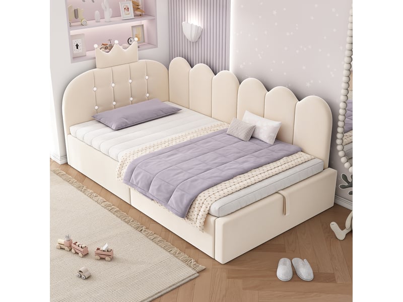 Lit simple 90x190 cm avec rangement en velours beige  - Conforama D