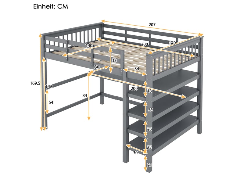 Lit mezzanine enfant 140x200 cm, table, étagère, garde-corps, sommier, pin gris, sans matelas - Conforama C