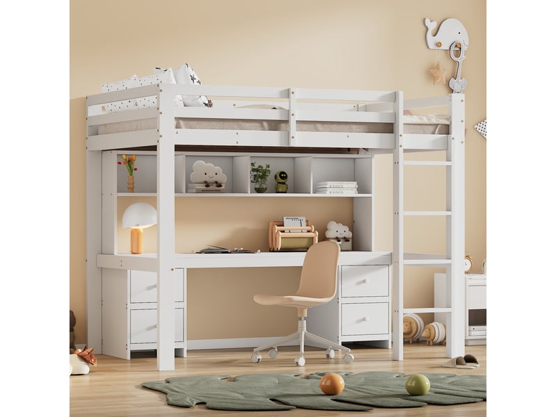 Lit mezzanine enfant avec bureau et rangement, 4 tiroirs, pin massif et mdf blanc, couchage 90x200 cm - Conforama E