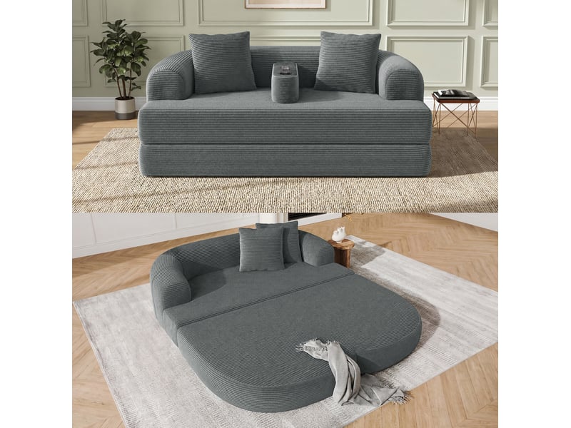 Canapé droit 2 places en velours côtelé gris foncé, pliable avec espace lounge et accoudoir amovible - Conforama B