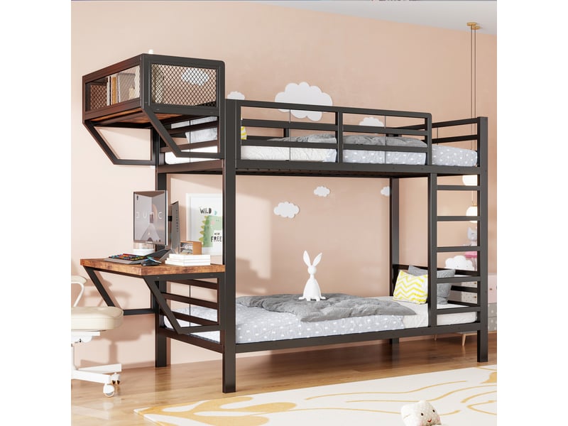  Lit superposé métal 90x200 cm avec bureau intégré, étagères de rangement, sommier à lattes, structure robuste et gain de place, noir  - Conforama E