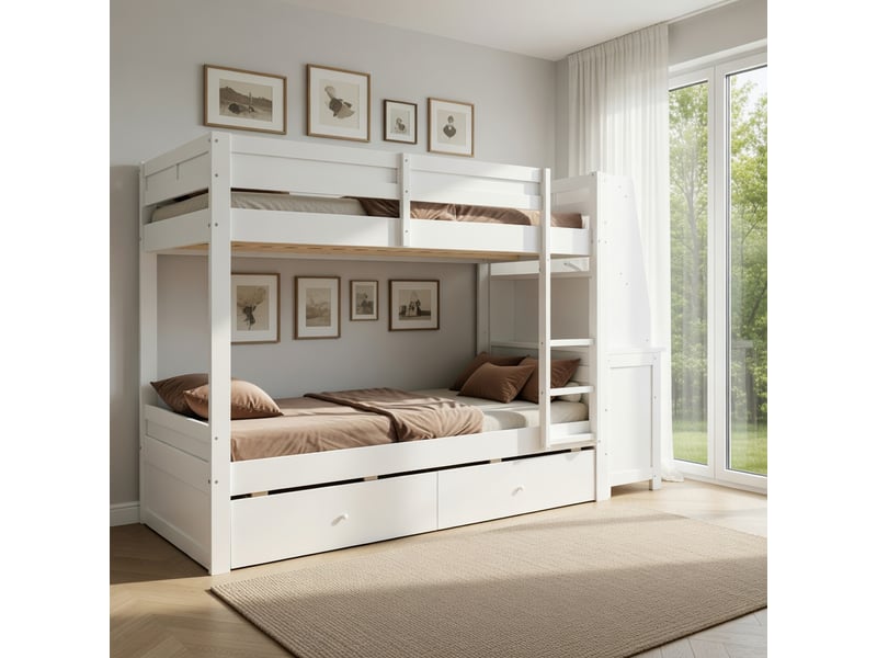  Lit superposé pour enfants de 140 x 200 cm, équipé d'un meuble de rangement, d'un bureau, d'une étagère et de tiroirs, blanc  - Conforama B