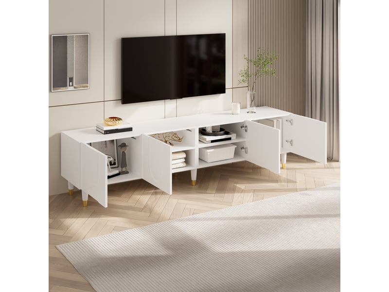  Meuble tv 180x40x50 cm, 4 portes, passe-câbles, façades texturées, pieds bois, grand rangement, lowboard moderne pour salon - blanc  - Conforama E
