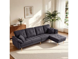 Canapé droit 4 places avec pouf modulable  - pieds en fer 20 cm velours côtelé gris foncé 250 × 70 × 87 cm