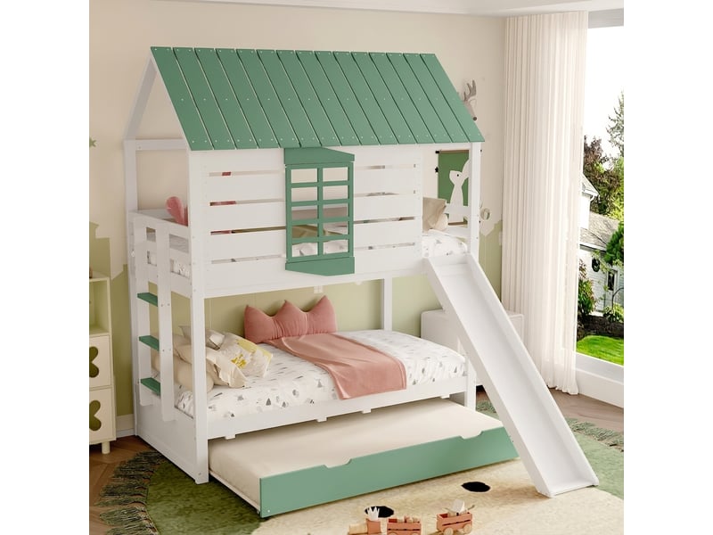  Lit cabane superposé 90x200 avec toboggan et lit gigogne, pin massif et mdf, blanc et vert  - Conforama C