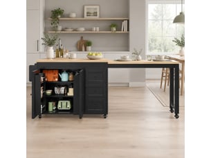 Desserte de cuisine extensible avec 3 tiroirs, placard et étagères sur roulettes, noire, 116 × 45 × 89 cm