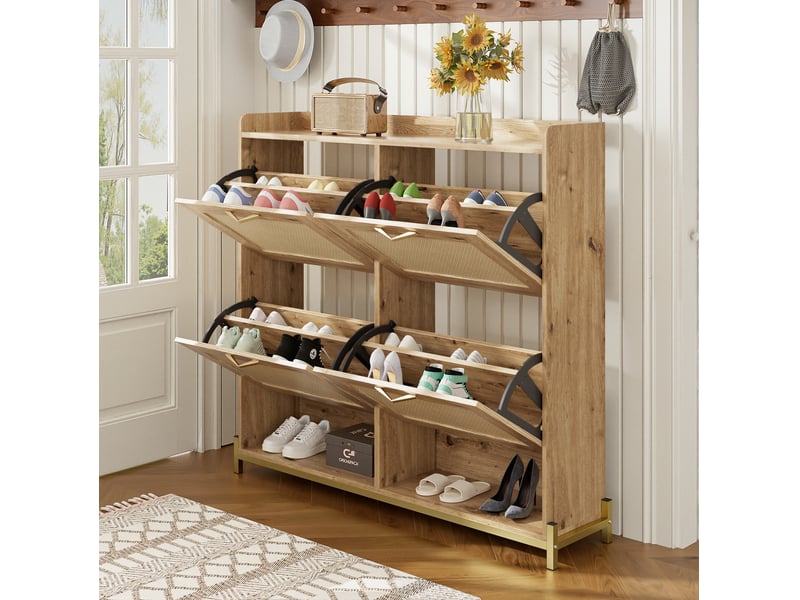  Meuble à chaussures ulevr 4 portes abattantes en rotin, rangement 108,5 x 24 x 100 cm, mdf couleur bois, cadre métallique  - Conforama E