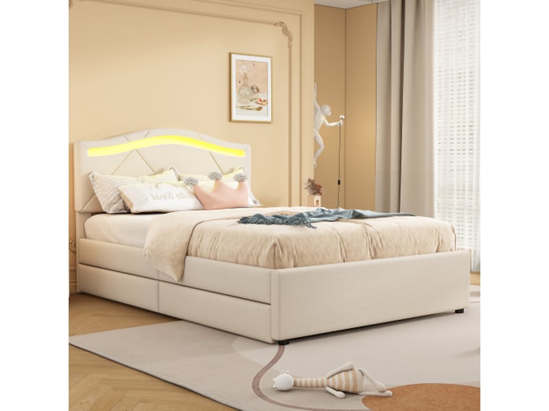  Lit enfant 90x200 cm, lit simple avec tiroirs, éclairage led et tête de lit réglable, en lin beige, sans matelas  - Conforama C
