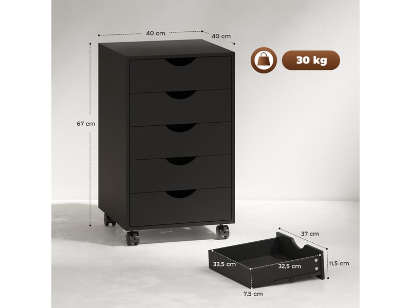  Caisson bureau mobile, meuble rangement bureau sur roulettes, 40 x 40 x 67 cm, 5 tiroirs, noir  - Conforama C