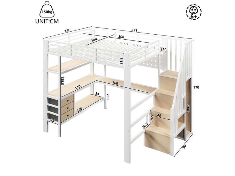  Lit mezzanine enfant métal 140 x 200 cm avec éclairage led  - 3 tiroirs- table - blanc ABC - Conforama C