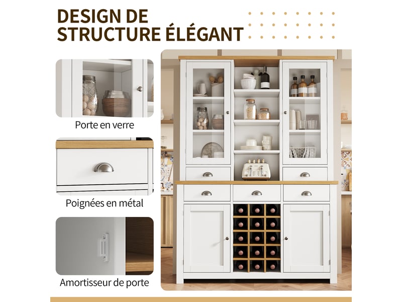  Buffet de cuisine haut 120 x 40 x 185 cm, porte vitrée, 5 tiroirs, étagère réglable, casier à vin amovible, anti-basculement, blanc  - Conforama E
