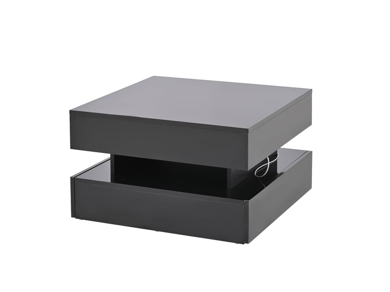  Table basse relevable 65 x 65 x 38,5 cm, table d'appoint, table basse laquée brillante avec bande lumineuse led, console avec 2 tiroirs, table basse au design géométrique et espace de rangement dissimulé, noire  - Conforama E
