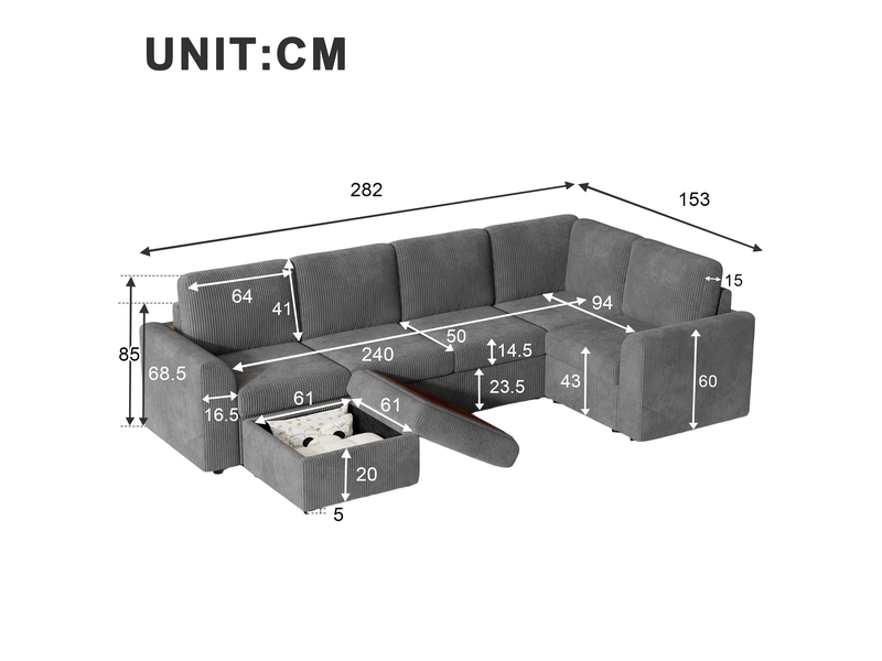 Canapé d'angle convertible 6 places en velours côtelé gris, avec pouf à rangement, 282×153×85 cm, mousse haute densité - Conforama C