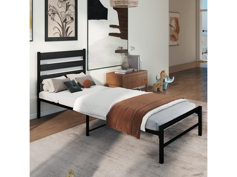  Lit simple 90x200 cm, lit adulte 90x200 cm, cadre de lit 90x200 cm en metal noir avec sommier a lattes, sans matelas  - Conforama R