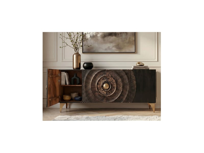 Buffet solaris 177 cm noir et doré en bois massif de manguier – 4 portes sculptées motif solaire - Conforama D