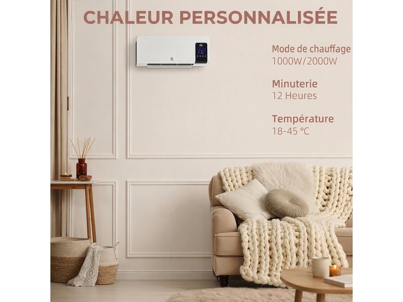  Radiateur soufflant mural chauffage céramique ptc - 1000 w 2000 w oscillation minuterie avec télécommande blanc  - Conforama D