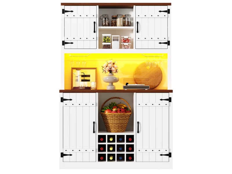  Buffet cuisine 4 portes, 120 x 40 x 180 cm, éclairage led, étagères réglables, espace de travail et range-bouteilles, mdf, blanc Morn Vibe - Conforama A