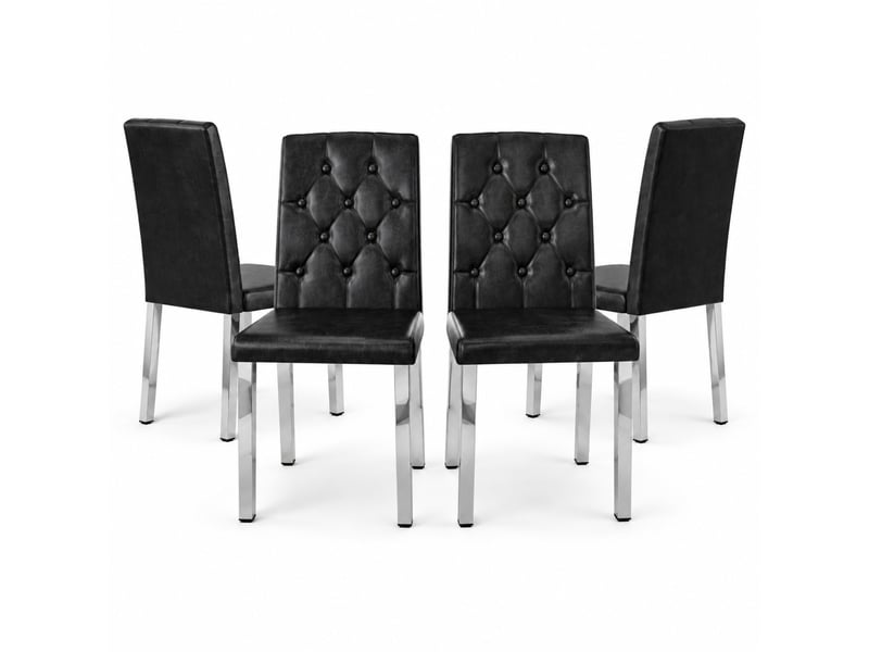  Lot de 4 chaises de salle à manger, chaise cuisine, dossier à motif losange, design contemporain, pu noir, métal argenté  - Conforama A