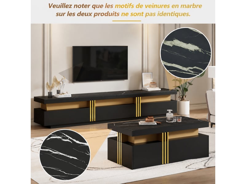 Table basse de salon muvano, ensemble meuble tv et table basse noir à 5 tiroirs effet marbre - Conforama B