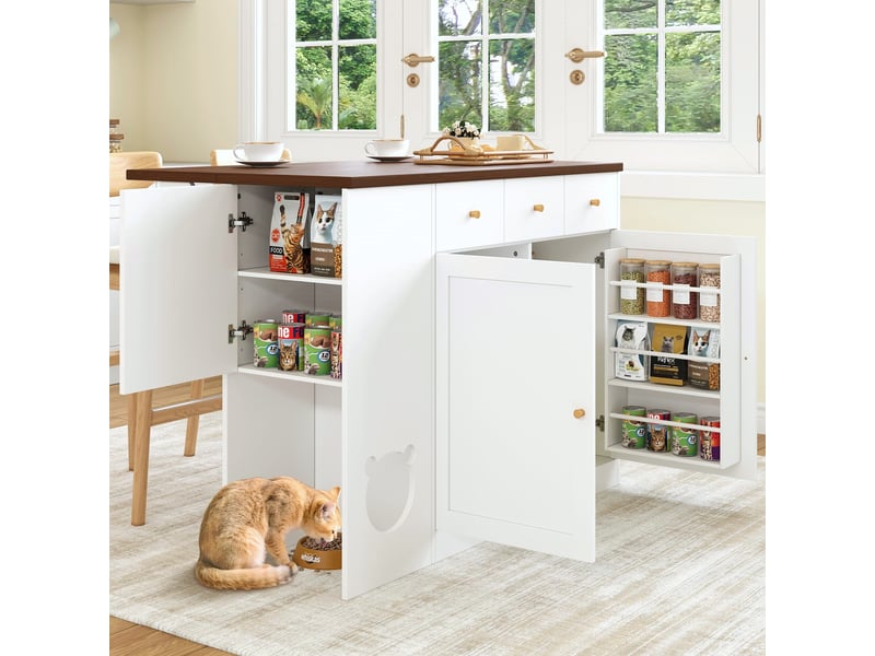  Îlot de cuisine avec plateau extensible et espace, meuble de rangement avec tiroirs et étagères, blanc et noyer, 120cm  - Conforama E