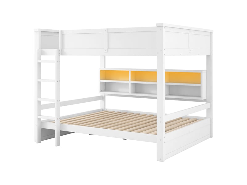 Lit superposé 160x200 cm blanc, avec 6 rangements, led, structure bois, sommier inclus, sans matelas - Conforama E
