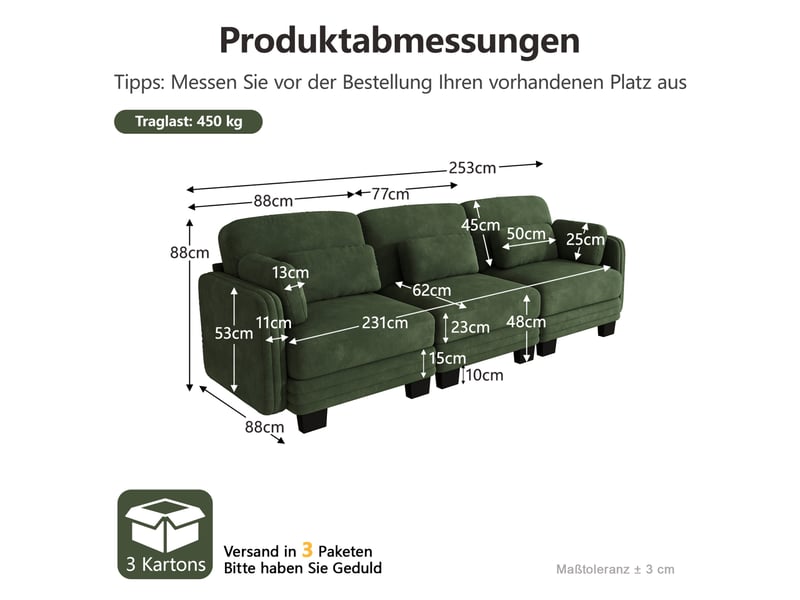  Canapé droit modulable 3 places en chenille vert avec coussins lombaires et d’accoudoir  - Conforama C
