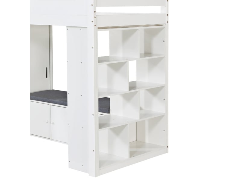  Lit mezzanine 90×200 cm blanc et naturel, lit enfant en bois avec maison, échelle, armoire, étagères ouvertes et banquette avec rangement  - Conforama E