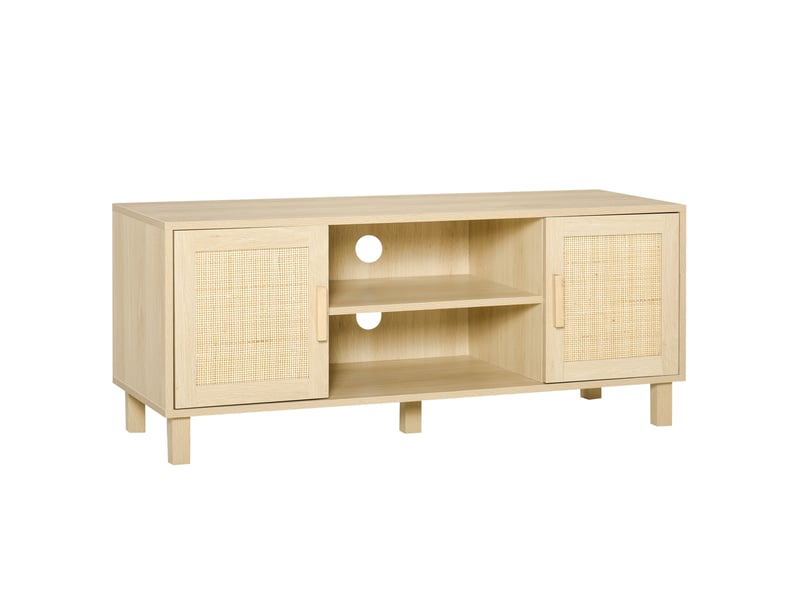  Meuble tv banc tv 2 niches 2 placards porte cannage en rotin dim. 115l x 40l x 48h cm mdf aspect bois clair  - Conforama A