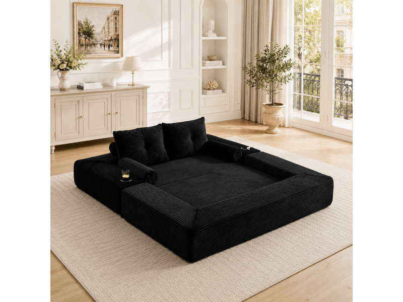  Canapé convertible 2 places modulable avec porte-gobelet, poches latérales et coussins en velours côtelé noir  - Conforama B