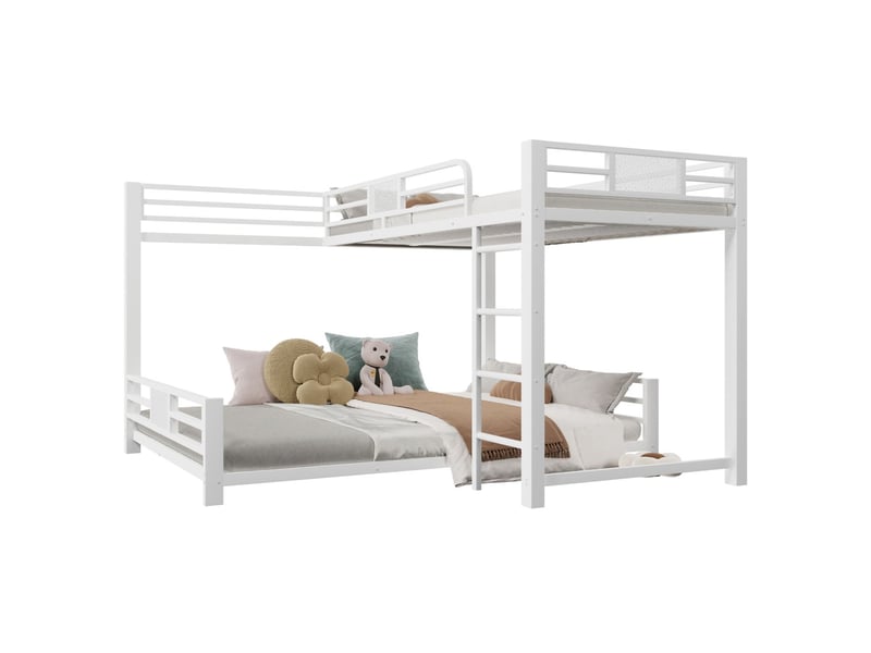  Lit superposé 90x200 et 140x200cm design en forme l - lit double - cadre en métal blanc solide, gain de place, barrières sécurité  - Conforama E