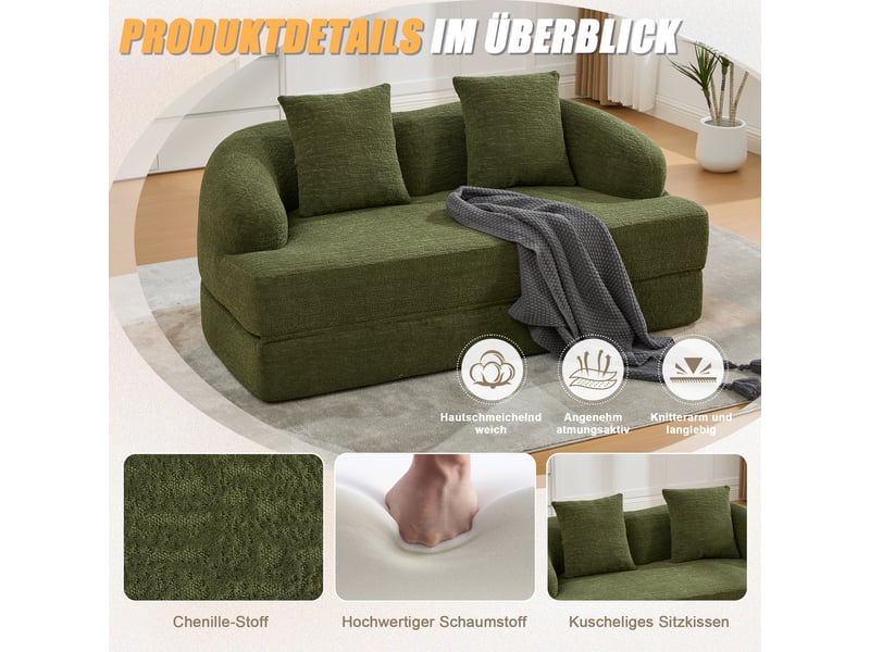 Canapé convertible 2 places chenille vert, canapé lit extensible salon moderne avec coussins confortables - Conforama D