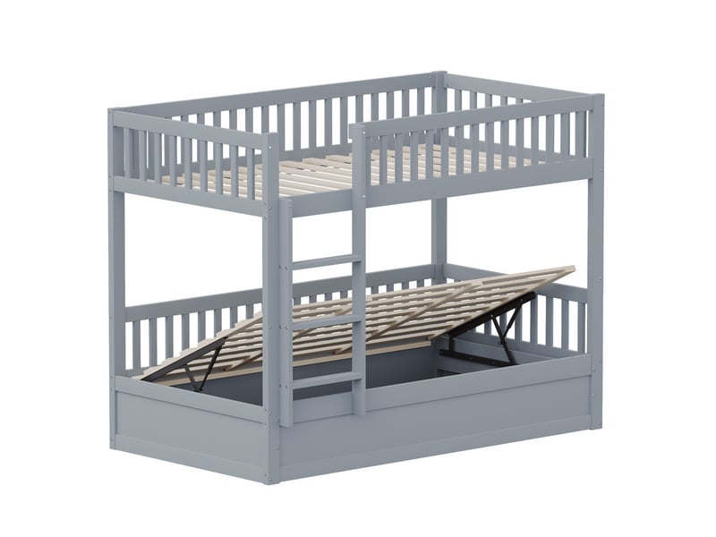  Lit superposé 90 x 200 cm en bois massif avec système de rangement hydraulique, robuste et durable, ​​gris  - Conforama A