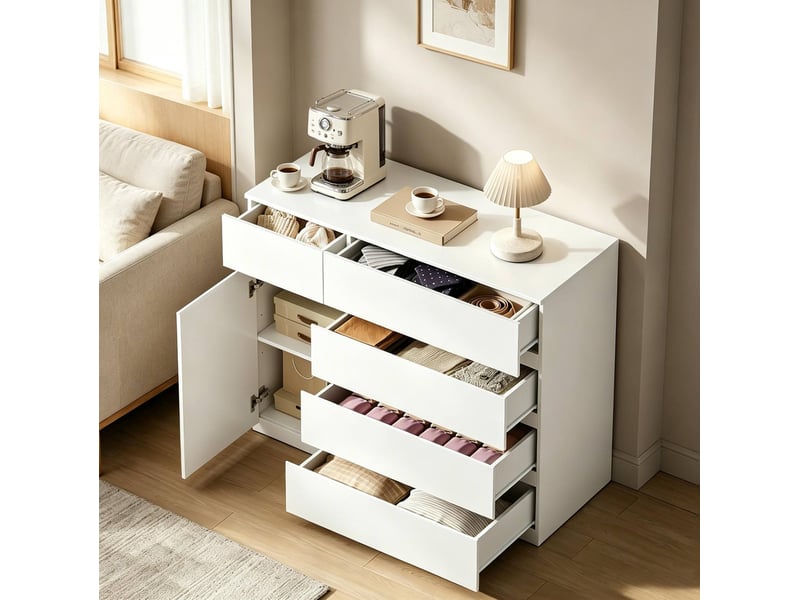 Commode de rangement avec 5 tiroirs, placard et étagère réglable pour chambre ou cuisine, blanche, 100 × 40 × 80 cm - Conforama B