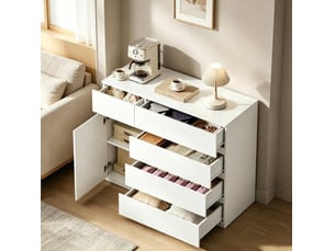 Commode de rangement avec 5 tiroirs, placard et étagère réglable pour chambre ou cuisine, blanche, 100 × 40 × 80 cm