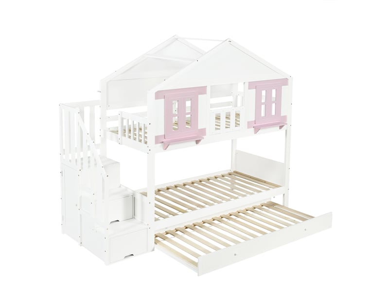 Lit superposé avec lit roulant, espace rangement et fenêtre, structure pin et mdf, blanc et rose, 90 x 200 cm BUBBLY - Conforama A