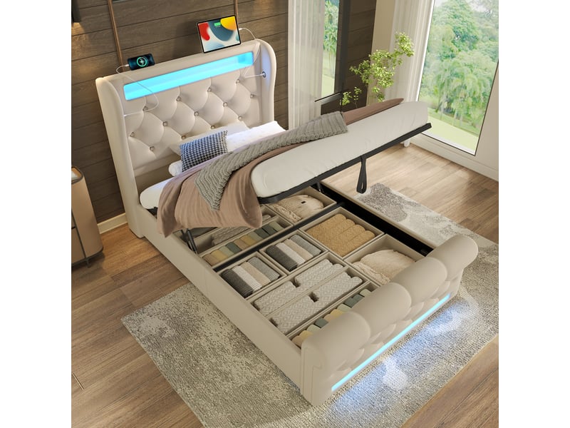  Lit coffre 90 × 200 cm 1 place avec led, usb-c et rangement hydraulique, sans matelas, en velours beige  - Conforama B