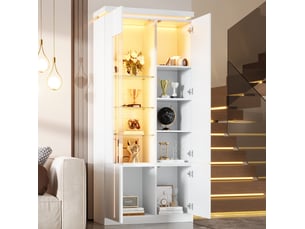 Vitrine haute 80x35x180 cm, 4 portes battantes, 6 niches, led bluetooth, verre acrylique, mdf, finition brillante blanc