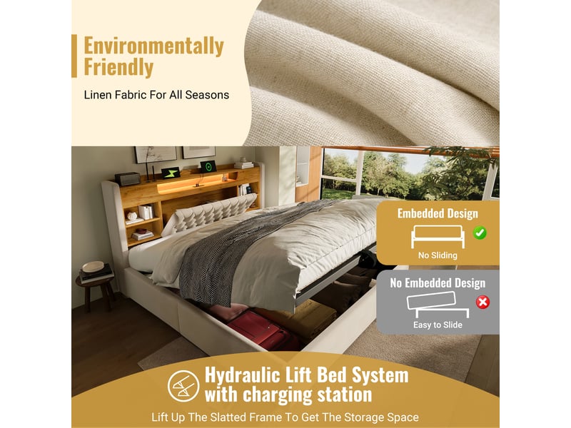 Lit coffre 90x200 cm, lit enfant, rangement hydraulique, étagères, led, usb et usb-c, lin beige - Conforama R