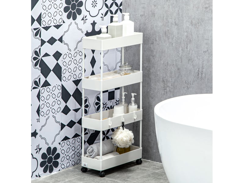  Desserte de cuisine 40 x 19 x 90 cm blanche en acier et abs, 4 niveaux, 2 roulettes avec freins et 3 crochets  - Conforama B