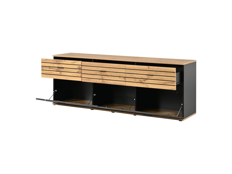  Meuble tv bas 168x38x59 cm pour tv 65 pouces, 3 tiroirs, 2 portes abattantes, rangements, mdf et panneaux de particules – bois naturel et noir  - Conforama A