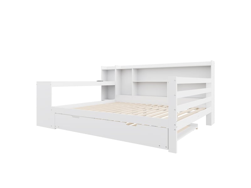  Lit banquette 140x200 cm bois massif blanc, bureau intégré, étagères, prise intégrée et lit gigogne multifonction  - Conforama C