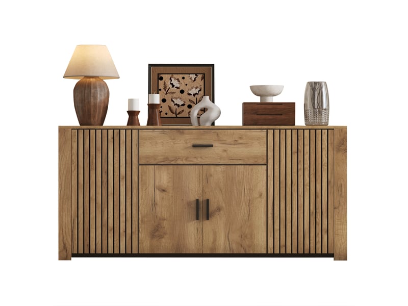  Buffet 160 x 40 x 75 cm – bois clair – 4 portes, 1 tiroir et étagères réglables pour salon et salle à manger  - Conforama A