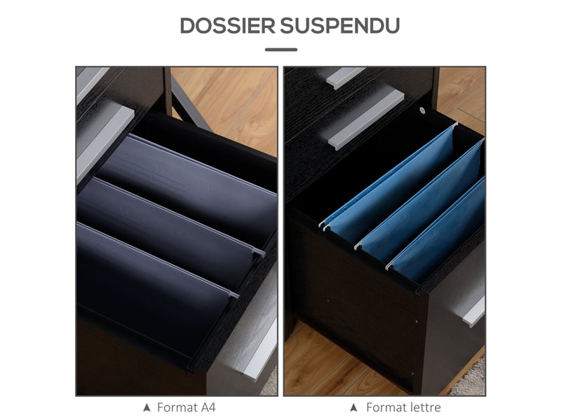 Caisson de bureau rangement bureau sur roulettes 3 tiroirs 1 verrouillable 1 dossiers trieur en bois noir  - Conforama E