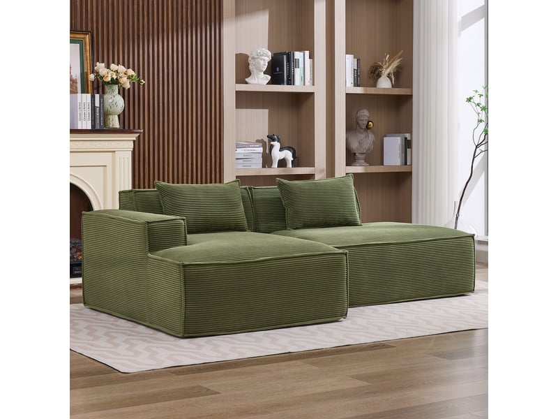  Canapé d'angle - 233x129x70 cm - canapé en velours côtelé avec 2 coussins pour salon et bureau - vert pomme  - Conforama D