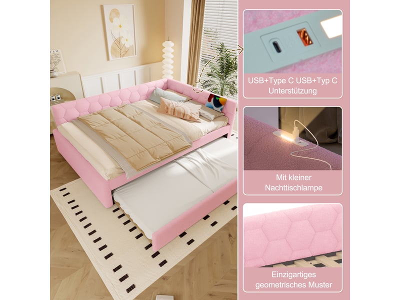  Lit de jour 140x200 canapé lit velours rose avec sommier et lit gigogne  - Conforama D