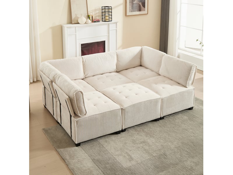 Canapé modulaire tcqpz 6 places 308 x 154 x 82 cm convertible en couchage velours côtelé beige - Conforama E