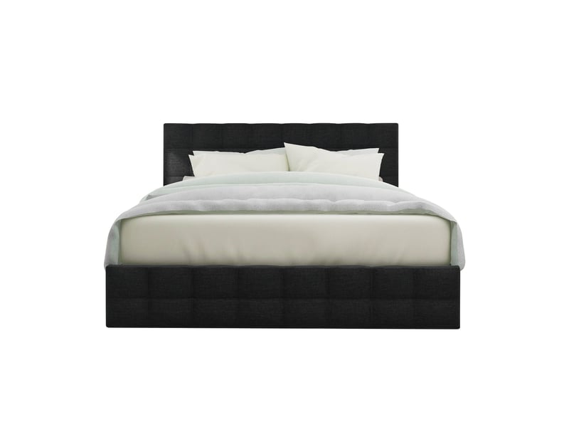  Lit double 140x200 avec 4 tiroirs, tête de lit capitonnée réglable, sommier à lattes, revêtement lin noir  - Conforama A