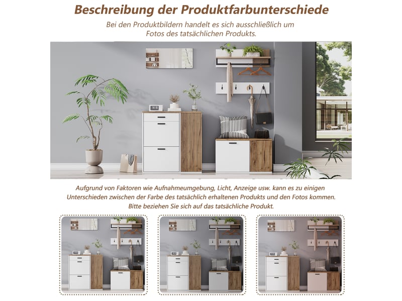  Meuble d'entrée 5 pièces avec 2 armoires à chaussures, banc, miroir et 4 crochets en panneau de particules blanc chêne  - Conforama E