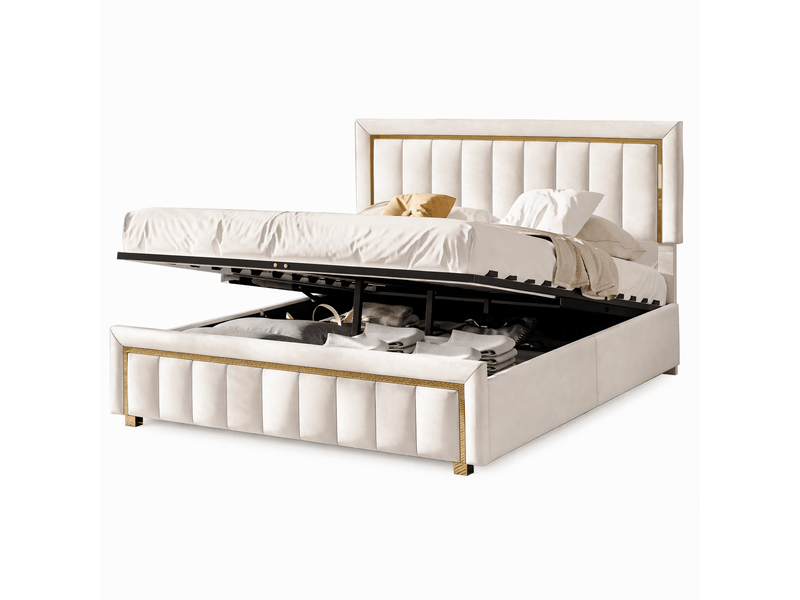  Lit coffre 140x200, lit 2 places avec rangement hydraulique, tête de lit et sommier à lattes, velours beige  - Conforama A